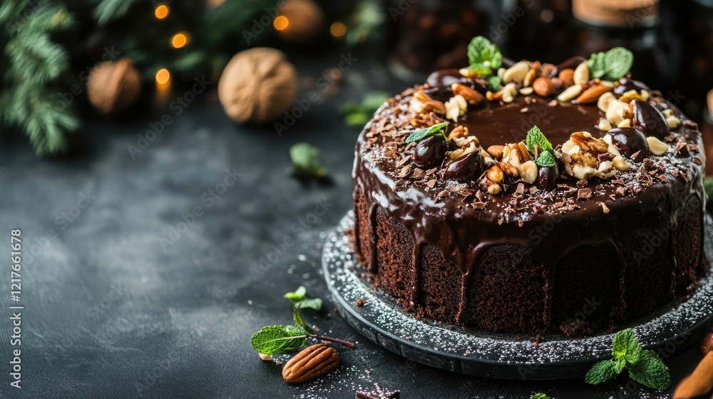 Poster decadent chocolate cake adorned with nuts and mint on a festive table with decorative elements and a