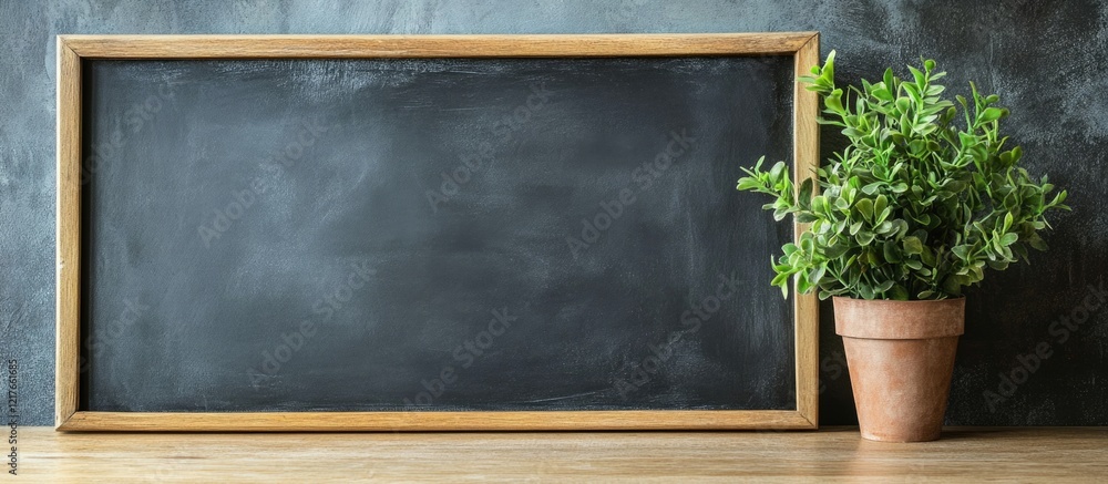Poster Chalkboard with wooden frame and potted plant on table offers ample copyspace for text or creative messaging in a minimalist setting