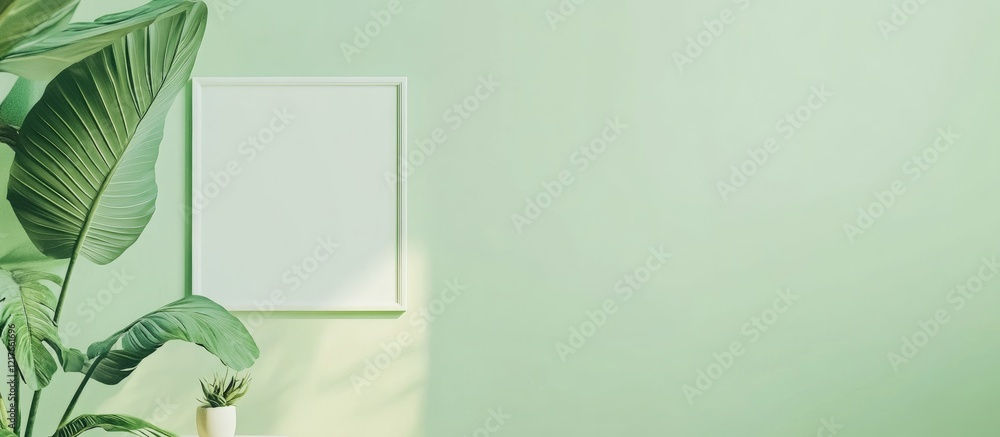 Poster elegant blank picture frame on soft green wall surrounded by lush foliage ideal for personalized art