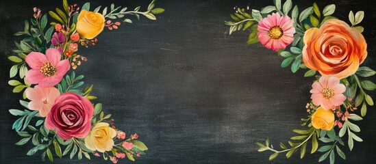 Boho floral chalkboard background with decorative wreath and empty space for customized text for celebrations and events