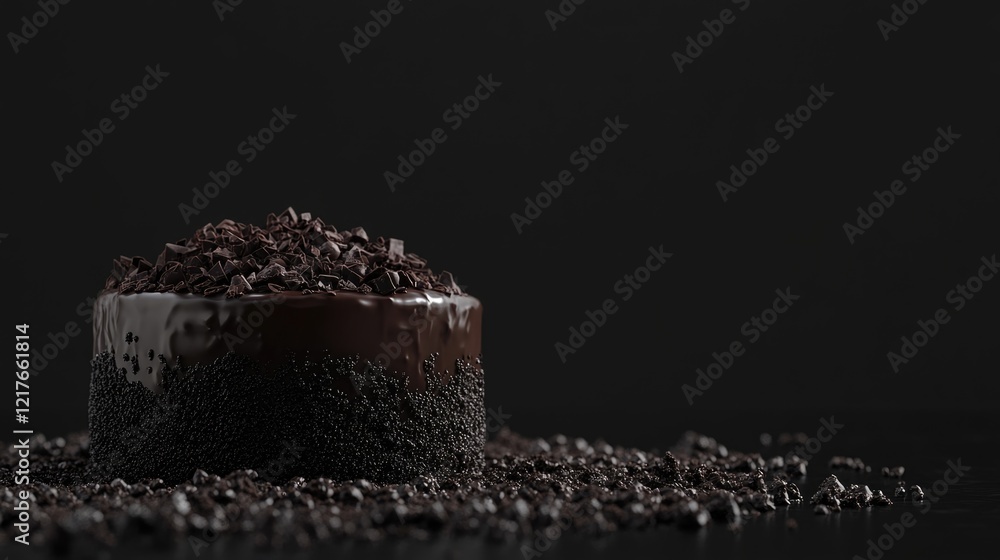 Poster chocolate cake with glossy frosting and dark chocolate shavings on a black background with ample cop