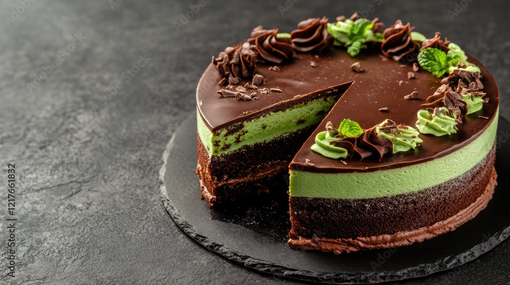 Poster chocolate cake with mint and dark chocolate on slate background with empty space for text