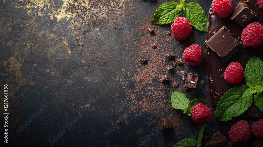 Poster chocolate cake garnished with fresh raspberries and mint leaves featuring empty space for customizab