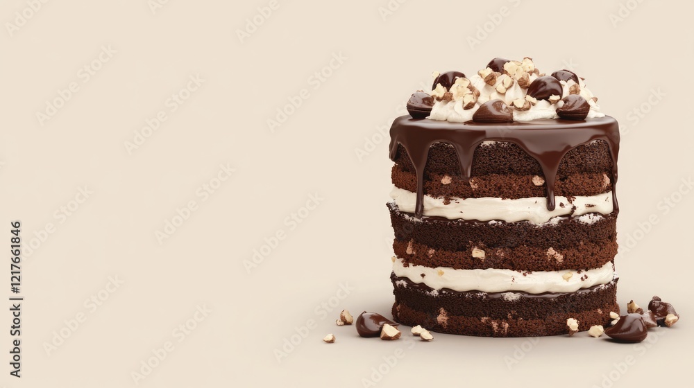 Aufkleber chocolate layer cake with cream and nuts on neutral background with space for customizable text or b