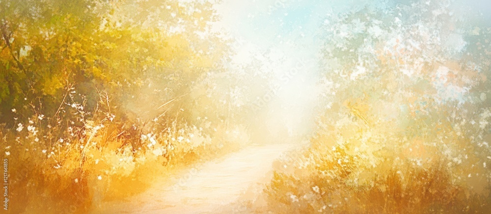 Poster serene landscape with gentle sunlight illuminating a tranquil nature path perfect for relaxation and