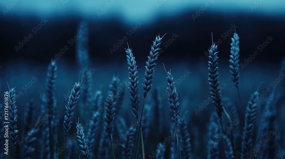 Poster blue-toned wheat field in soft focus at dusk with copy space for text placement