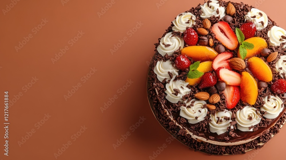 Aufkleber chocolate cake topped with fruits nuts and cream on brown background with space for text or branding