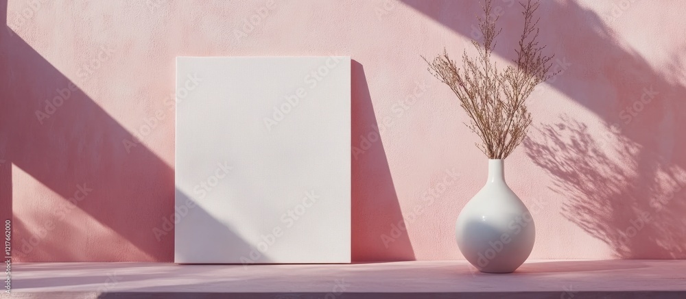 Poster blank canvas and white vase on soft pink background with natural light and copyspace for creative te
