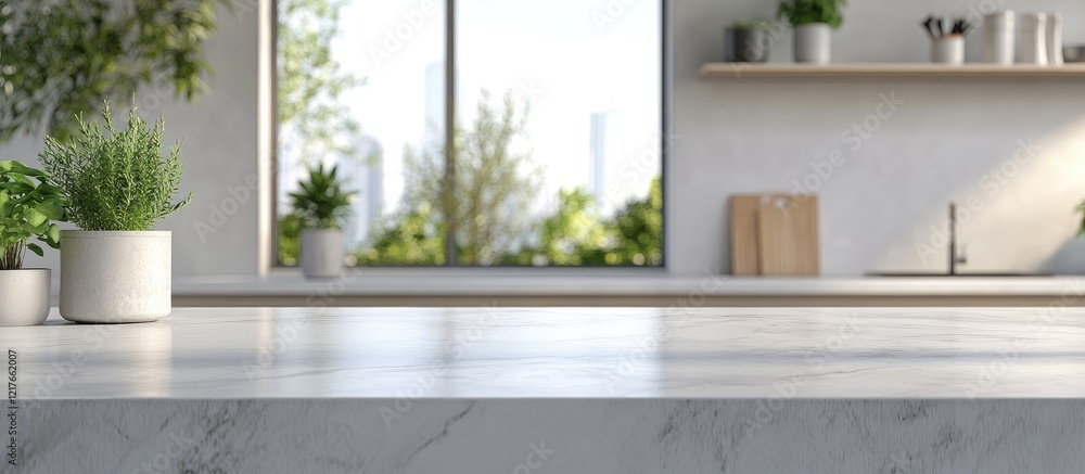 Poster Modern kitchen stone countertop with window view and greenery perfect for product display mockup featuring empty space for text insertion