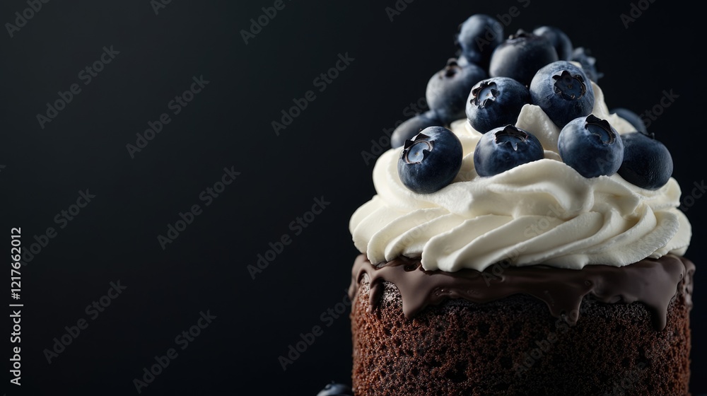 Poster chocolate cake with whipped cream and blueberries on dark background featuring ample copy space for 