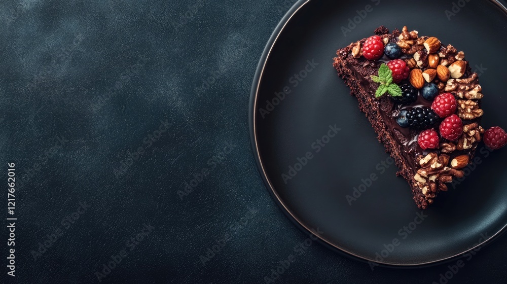 Poster chocolate cake slice garnished with nuts and berries on dark plate with ample empty space for text o