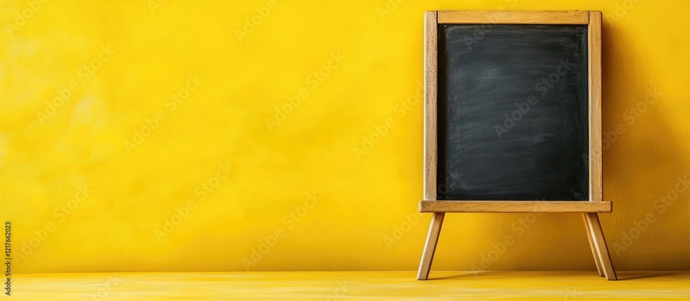 Poster chalkboard on yellow background with easel providing ample copyspace for educational or promotional 