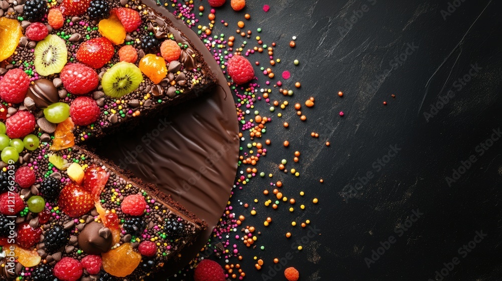 Poster chocolate cake decorated with fresh fruits and colorful sprinkles on dark surface with space for tex