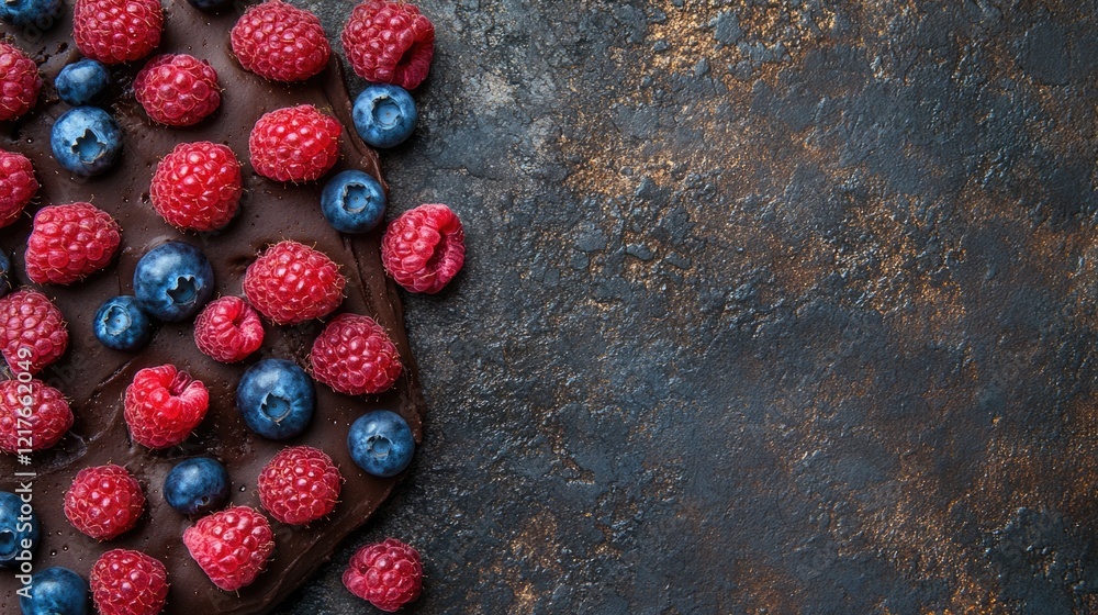 Aufkleber chocolate cake adorned with raspberries and blueberries on textured dark background with ample space