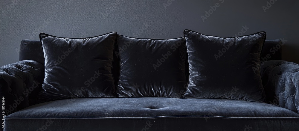 Poster Elegant black velvet pillows on a velour sofa with a blank frame for customizable text in a stylish interior setting
