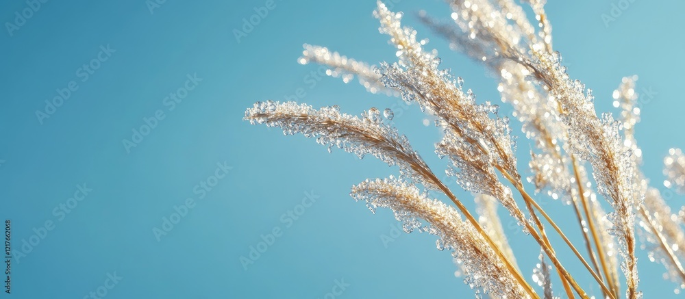 Poster Raindrop adorned grass blades against a clear blue sky with ample empty space for text and design elements in a serene outdoor setting