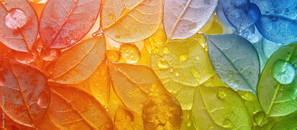 Aufkleber Colorful Bubble Background with Polymer Leaf Pattern and Water Droplets Ideal for Text Placement and Creative Design Use