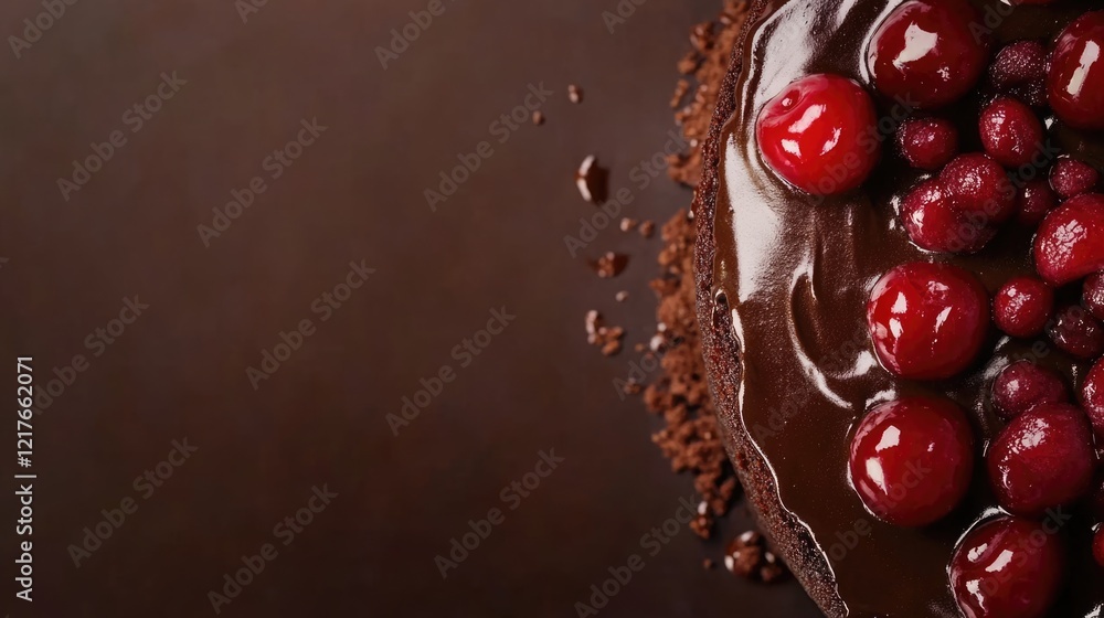 Poster chocolate cake decorated with cherries on a dark background featuring ample empty space for customiz