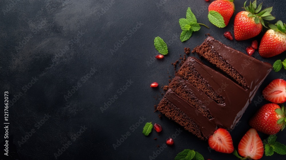 Poster chocolate cake slices decorated with fresh strawberries and mint leaves on dark surface with empty s