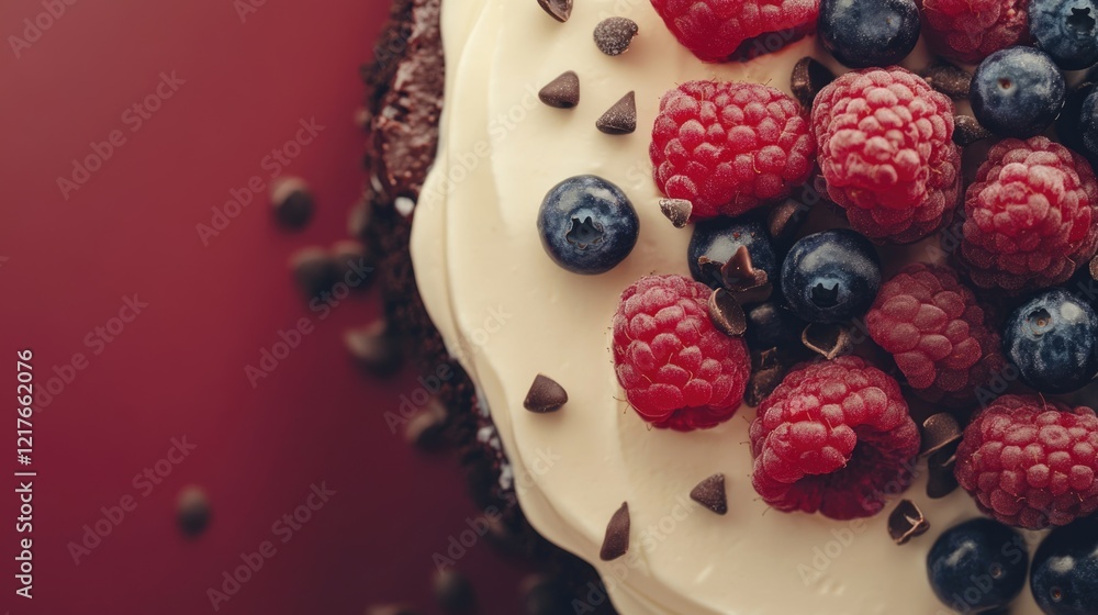 Poster chocolate cake adorned with fresh raspberries and blueberries against a warm background featuring am