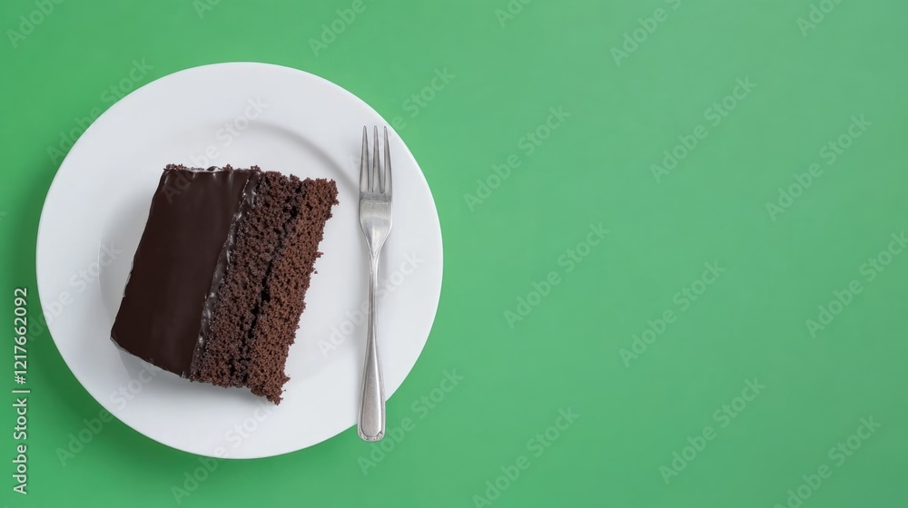 Aufkleber chocolate cake slice on white plate with fork against vibrant green backdrop featuring ample empty s