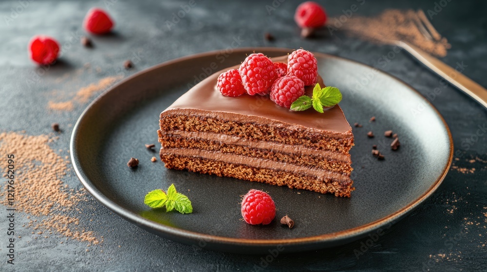 Poster chocolate cake slice topped with fresh raspberries on a dark plate with a textured background and am