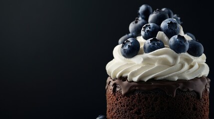 Chocolate cake with whipped cream and blueberries on dark background featuring ample copy space for customization and text placement