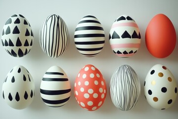 Obraz premium A vibrant display of beautifully painted eggs resting on a white surface, celebrating the spirit of Easter.