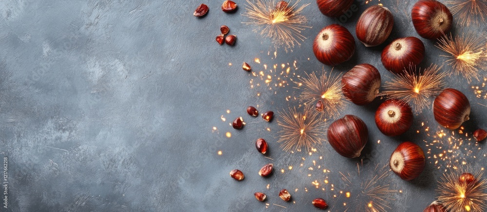 Poster red apples and chestnuts scattered on a textured gray surface with sparkler effects and copy space f