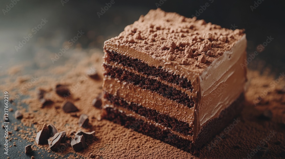 Poster chocolate cake slice dusting cocoa powder on table background with room for text and decorative choc
