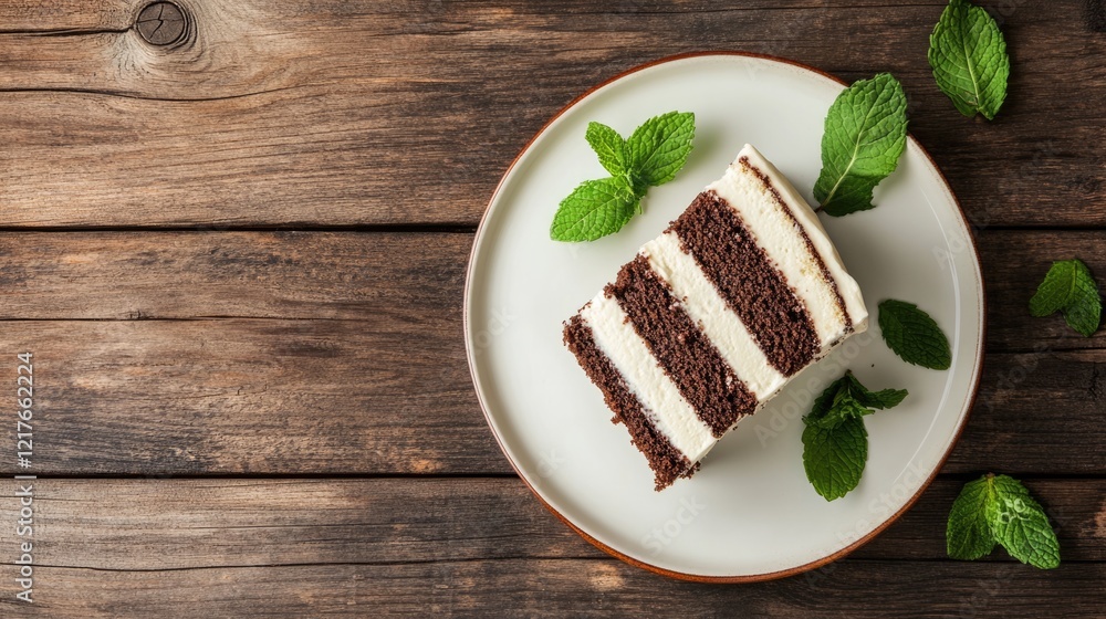 Poster chocolate cake slice with white frosting and fresh mint leaves on rustic wooden table with space for