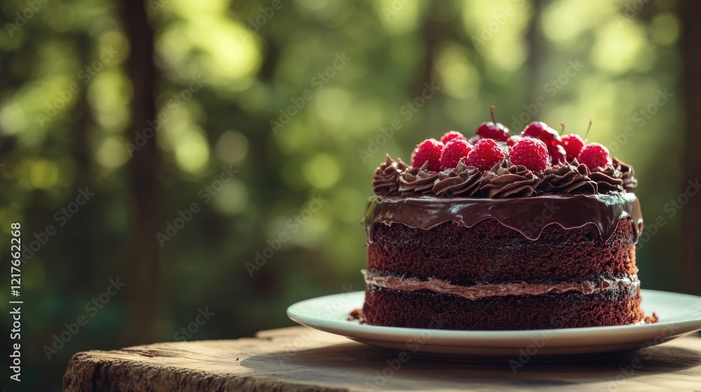 Poster chocolate cake adorned with raspberries on a plate in a serene forest setting with ample copy space 