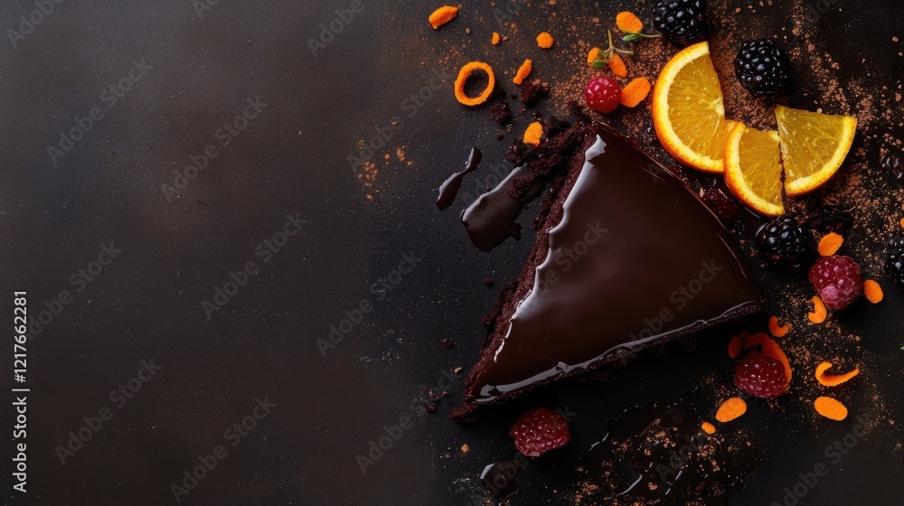 Poster chocolate cake slice garnished with orange zest and berries on dark background with empty space for 
