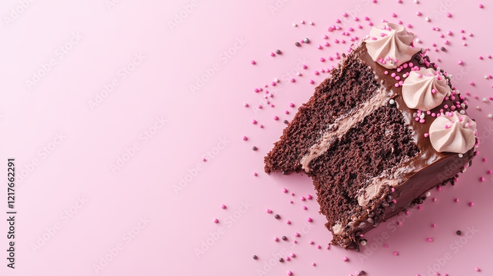 Aufkleber chocolate cake slice with sprinkles on a pink background showcasing empty copy space for text and de