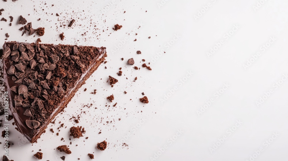 Poster chocolate cake slice topped with chocolate crumbs surrounded by scattered crumbs and empty space for