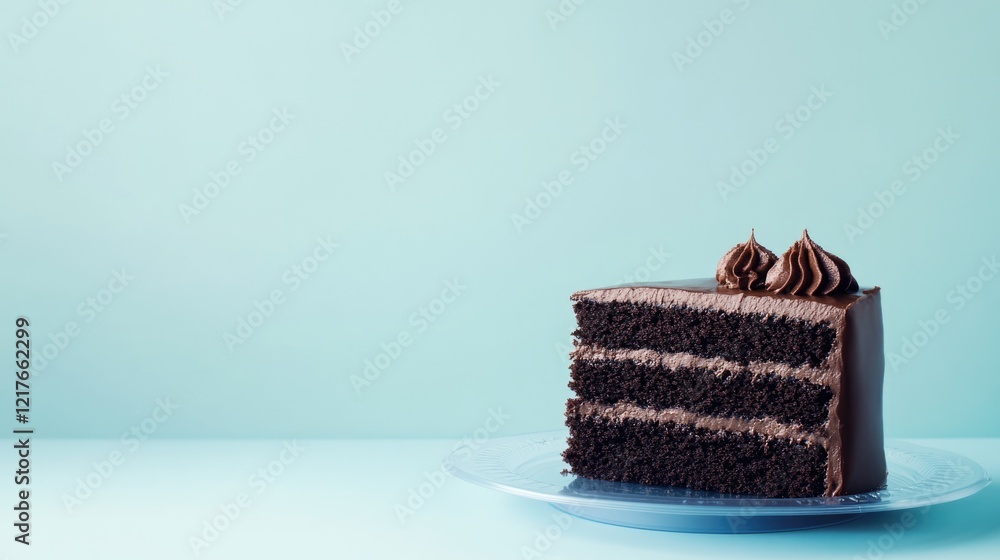 Poster decadent chocolate cake slice on a blue background with ample negative space for text and design ele