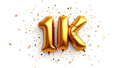 stock photo, soft pastel colors, strong hard light, direct harsh shadows. 1000 Subscribers Celebration Foil gold '1K' balloons, colorful confetti burst, clean bright background. 
