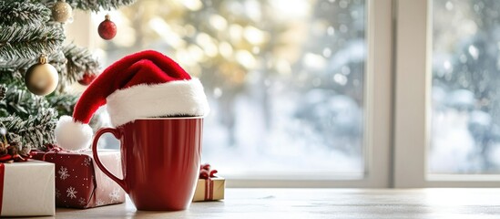 Fototapeta premium Red mug with Santa hat on wooden table decorated for Christmas with tree and snowy window background Copy Space