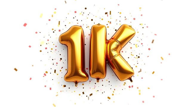 Shiny golden foil balloons forming one thousand celebration milestone against a clean white background backdrop