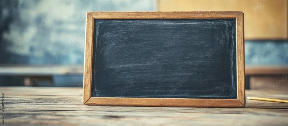 Aufkleber Blank Chalkboard Sign with Wooden Frame for Custom Messages and Copyspace in a Rustic Classroom or Cafe Setting