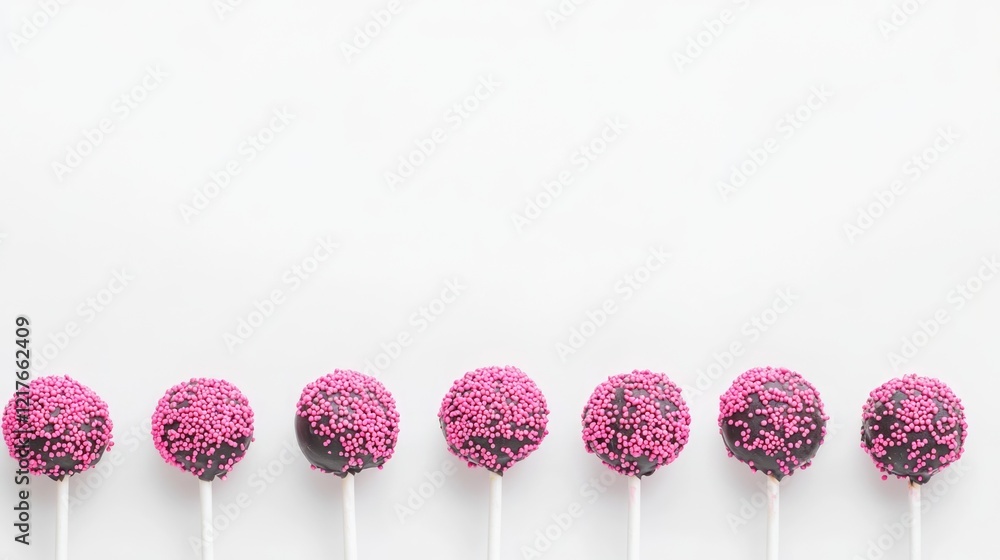 Poster chocolate cake pops with pink sprinkles on sticks arranged in a row against a white background featu