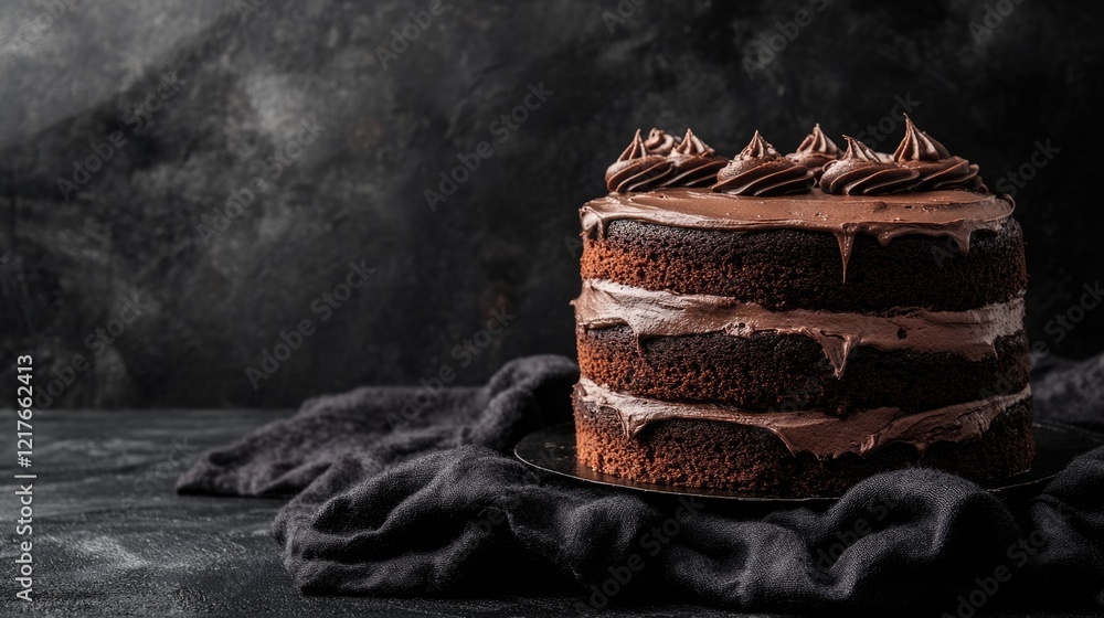 Poster chocolate cake with dark chocolate frosting on textured dark fabric backdrop featuring ample empty s