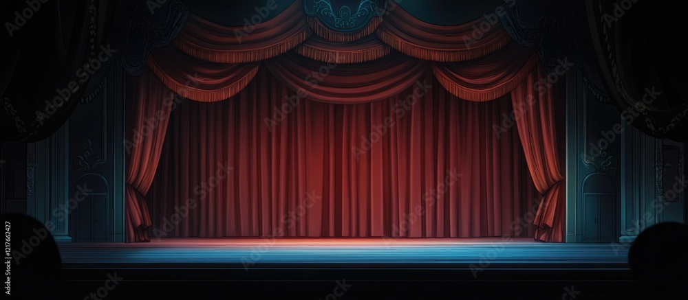 Poster Theater Stage with Red Curtains and Empty Space for Text Ideal for Dramatic Concepts and Performances