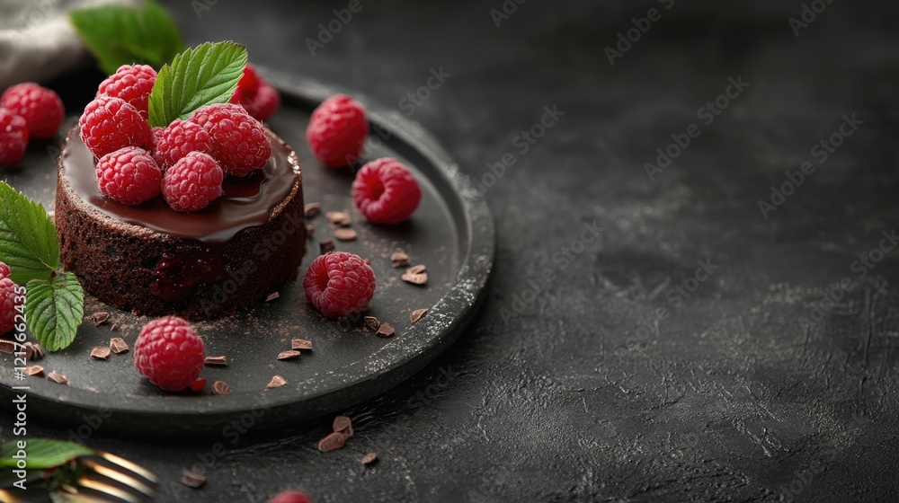 Poster chocolate cake dessert topped with fresh raspberries on dark background with space for customizable 