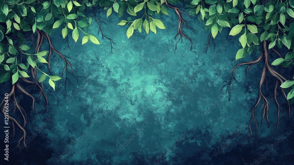 Poster green foliage and tree roots on textured cyan background with ample copy space for text placements
