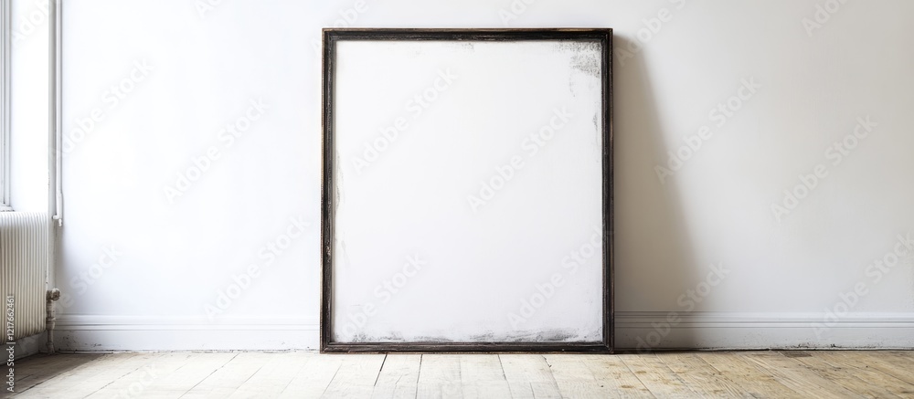 Poster Blank canvas frame on white wall with wooden floor ideal for displaying artwork or text in a minimalist interior design setting
