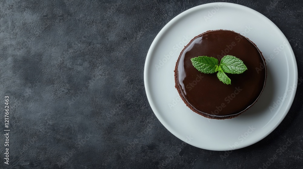 Poster chocolate cake with mint garnish on white plate and dark background empty space for text or design e