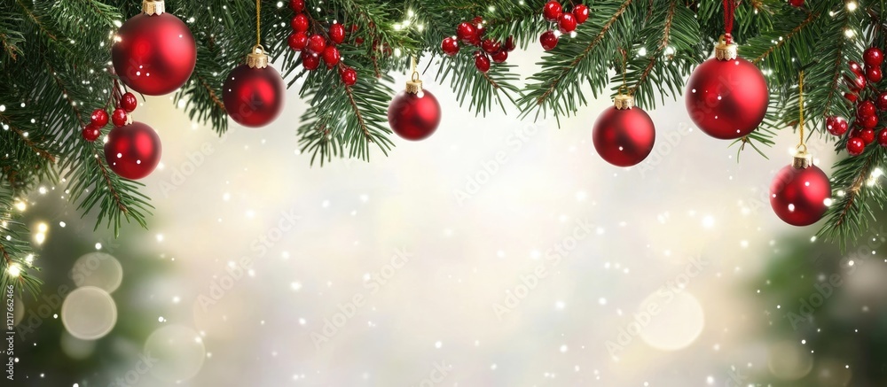 Poster christmas background with fir branches and red ornaments soft blur for text copyspace holiday design