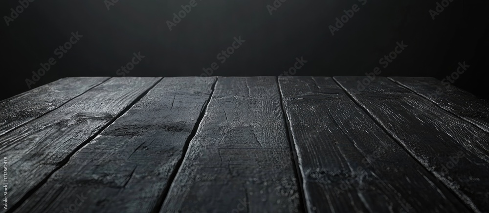 Aufkleber Black Wooden Table Surface with Blurred Light Background Ideal for Text Overlay and Copyspace for Creative Design Projects