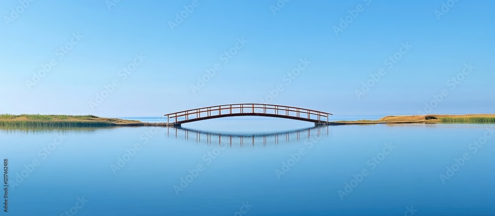 Aufkleber Bridge reflecting in a tranquil lake under a clear blue sky with ample space for text and design elements in a serene landscape composition